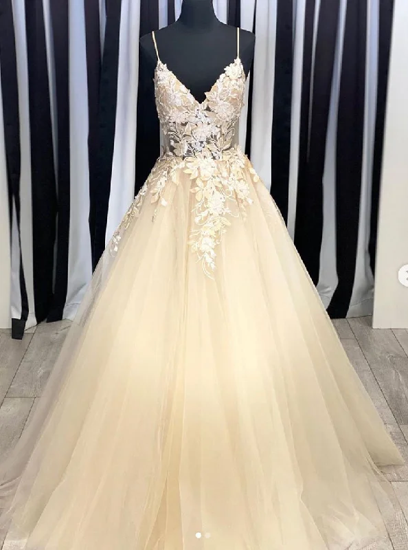 Champagne V Neck Tulle Lace Long Prom Dress Evening Dress Tulle Dress Ruffles