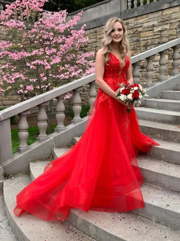Red V-neck Tulle Long Prom Dresses Backless Long Evening Dress PO295 Tulle Party Gown Red V-neck Tulle Long Prom Dresses Backless Long Evening Dress PO295 Tulle Party Gown