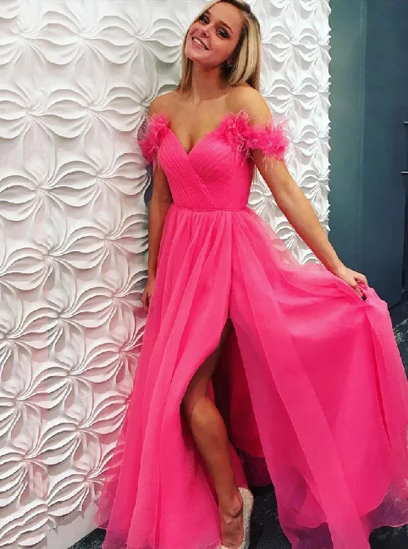 Fuchsia Off-Shoulder Tulle Prom Dress Formal Dress with Split Pink Tulle Gown