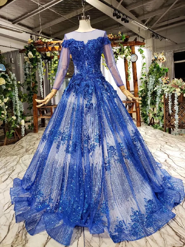 Sheer Neck Tulle Blue Ball Gown Beaded Applique Long Sleeve Prom Dresses OP872 White Tulle Dress Sheer Neck Tulle Blue Ball Gown Beaded Applique Long Sleeve Prom Dresses OP872 White Tulle Dress