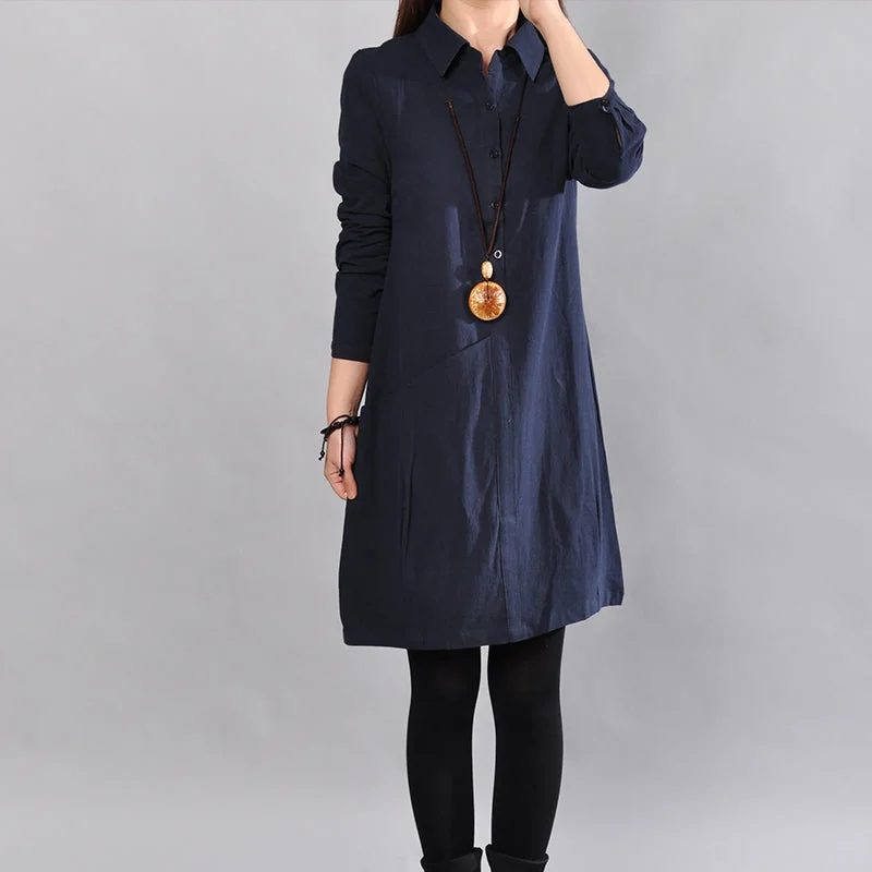 women navy pure linen dresses Loose fitting cotton maxi dress Fine big pockets long sleeve shirt dress Modern Shirt Dress women navy pure linen dresses Loose fitting cotton maxi dress Fine big pockets long sleeve shirt dress Modern Shirt Dress