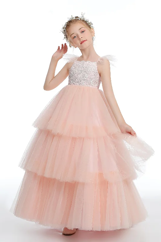 Layered Tulle Pink Ruffles Flower Girl Dress With Bowknot Tulle Dress Flow