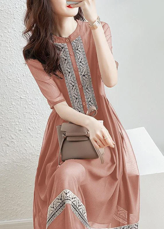 New Pink Button Patchwork Cotton Shirt Dresses Half Sleeve Shirt Dress Glam