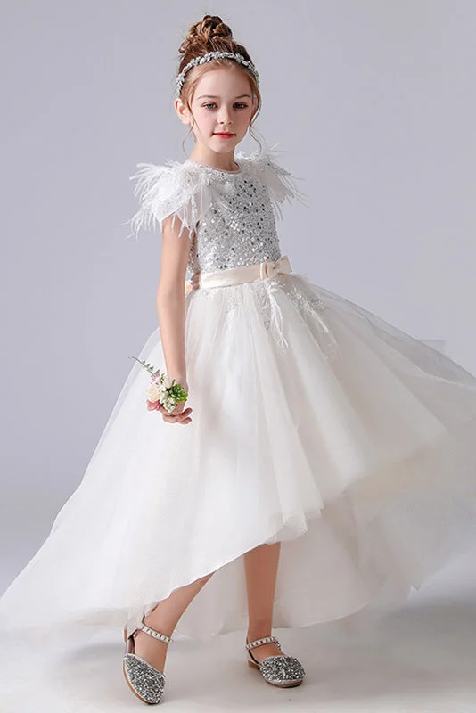A- Line Cap Sleeves Tulle Beading Flower Girl Dress Tiered Tulle Dress
