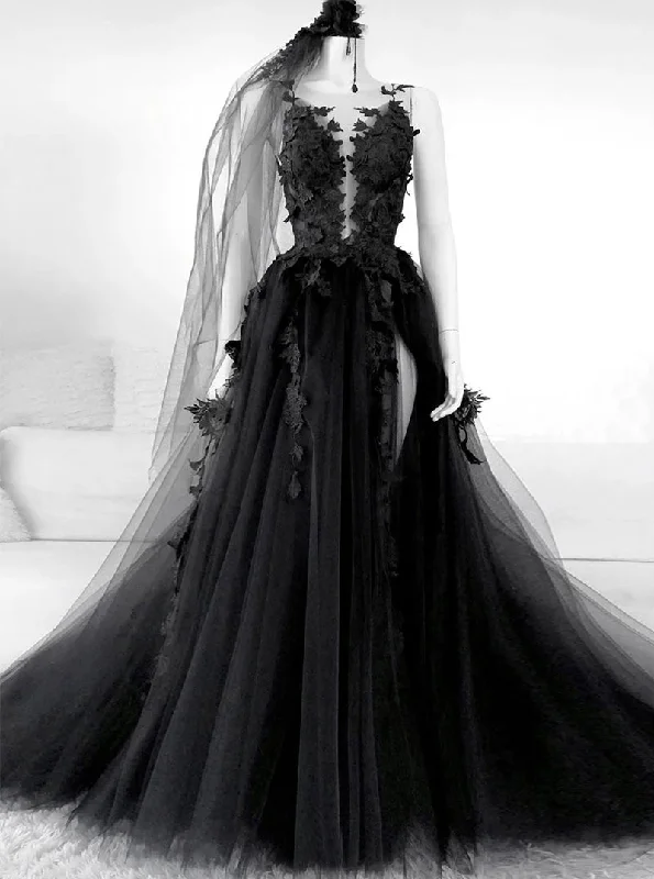 Tulle Round Black Long Prom Dresses, Appliqued Backless Evening Dress PO091 Tulle Ball Gown