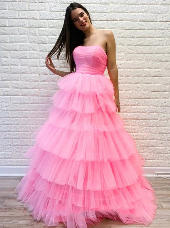 Pink Tulle Sweet 16 Dresses Princess Strapless Long Formal Prom Dresses PO151 Soft Tulle Dress Pink Tulle Sweet 16 Dresses Princess Strapless Long Formal Prom Dresses PO151 Soft Tulle Dress
