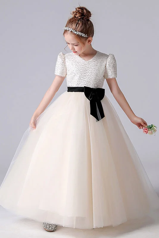 A- Line Short Sleeves Tulle Beading Flower Girl Dress With Bowknot Tulle Dress Design A- Line Short Sleeves Tulle Beading Flower Girl Dress With Bowknot Tulle Dress Design
