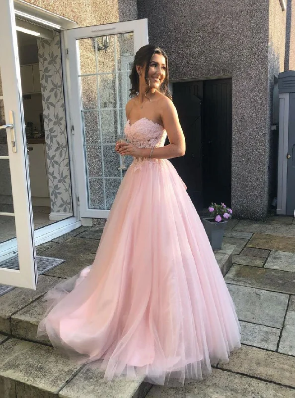 Pink Sweetheart Tulle Lace Long Prom Dress, Pink Lace Eveing Dress Tulle Cocktail Dress