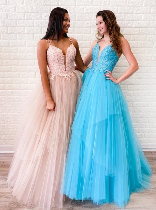 Chic A-line Spaghetti Straps Lace Long Prom Dresses Tulle Evening Dress Floor-length Tulle Dress Chic A-line Spaghetti Straps Lace Long Prom Dresses Tulle Evening Dress Floor-length Tulle Dress