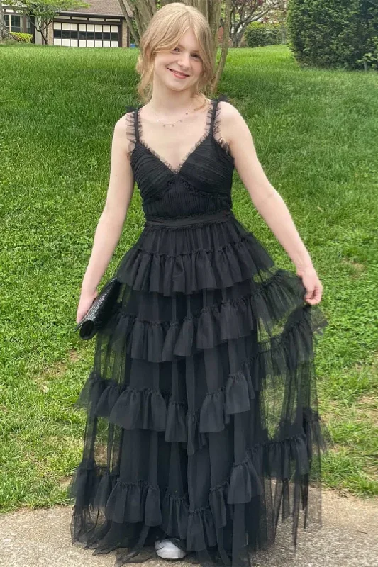 Chic A Line V Neck Black Tulle Layered Prom Dress Sparkling Tulle Dress