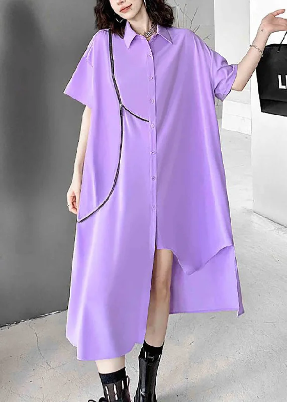 Unique Purple Asymmetrical Zippered Patchwork Chiffon Shirts Dresses Summer Elegant Shirt Gown Unique Purple Asymmetrical Zippered Patchwork Chiffon Shirts Dresses Summer Elegant Shirt Gown