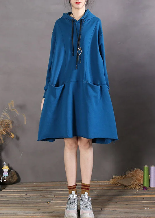 Blue drawstring Cotton Loose Sweatshirts dress Spring White Shirt Dress