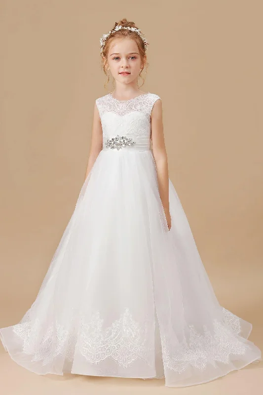 Tulle Satin Sleevelesss Lace Long Flower Girl Dresses Pink Tulle Gown