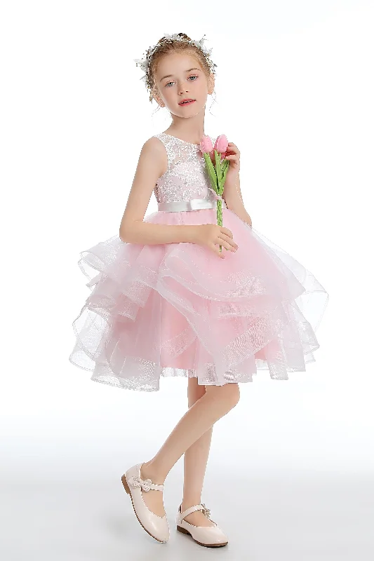 Pink Tulle Layered  V Back Flower Girl Dress Tulle Party Gown