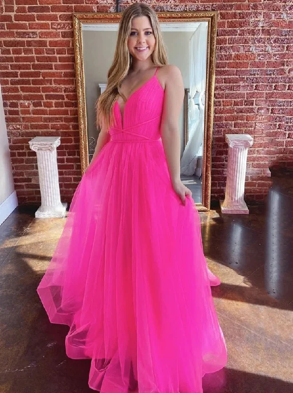Simple V-neck Tulle Long Prom Dresses Fuchsia Formal Dress PO367 A-line Tulle Dress