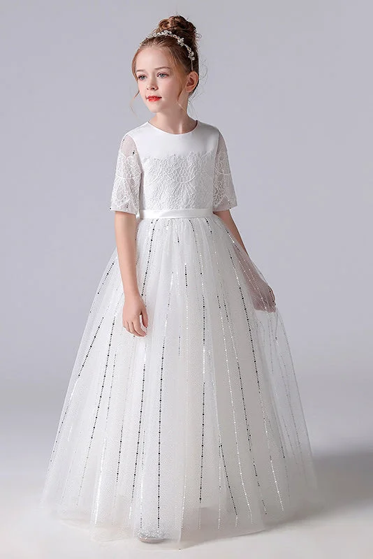 A-Line White Half Sleeves Tulle Princess Flower Girl Dress With Bow Belt Classic Tulle Dress A-Line White Half Sleeves Tulle Princess Flower Girl Dress With Bow Belt Classic Tulle Dress