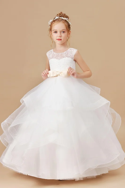 Ruffled Satin Ivory Multi-layered Tulle Flower Girl Dress With Champagne Bow Tulle Dress Sparkle Ruffled Satin Ivory Multi-layered Tulle Flower Girl Dress With Champagne Bow Tulle Dress Sparkle