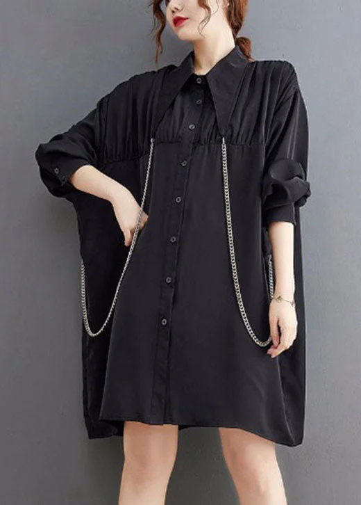 French Black Peter Pan Collar Patchwork Shirt Dresses Spring Shift Shirt Dress