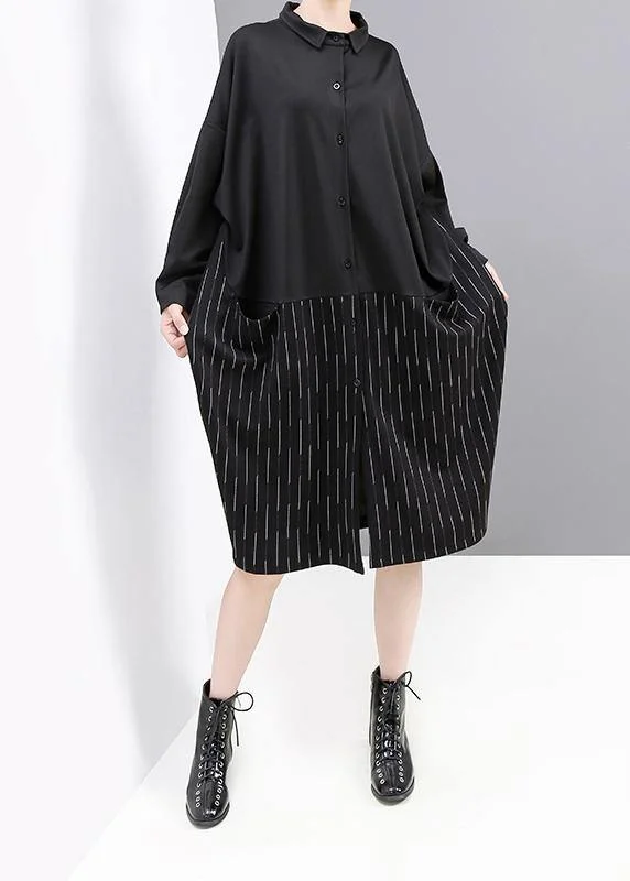 Style black Cotton clothes Women patchwork loose fall shirt Dress Lace Shirt Dress