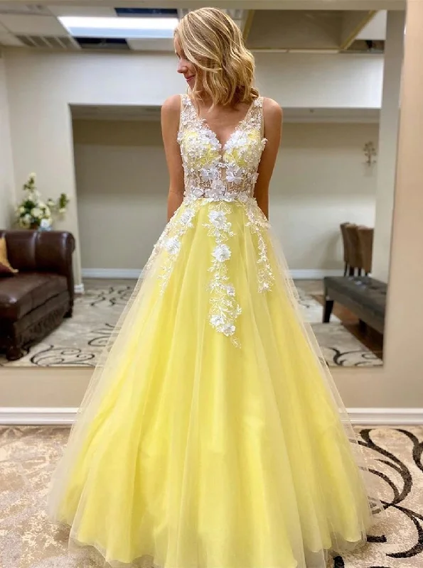 Princess V Neck Daffodil Tulle Long Prom Dresses With Lace Appliques PO357 Tulle Dress Flow Princess V Neck Daffodil Tulle Long Prom Dresses With Lace Appliques PO357 Tulle Dress Flow