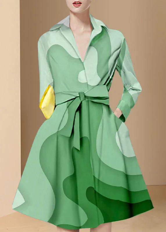 Italian Green tie waist Peter Pan Collar Print shirt Dresses Long Sleeve Elegant Shirt Gown
