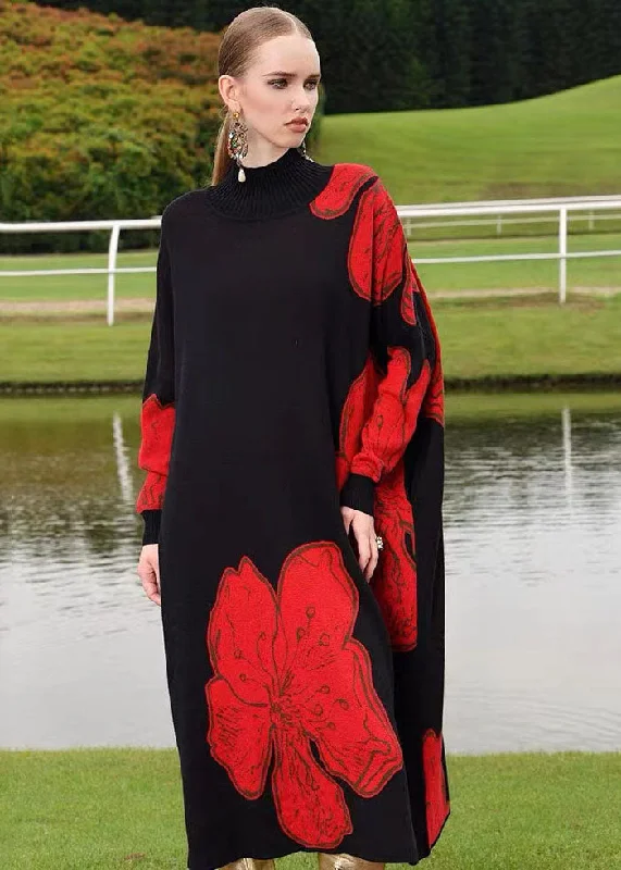 French Black Turtleneck Print Cotton Knit Long Sweater Dress Fall Stretch Sweater Dress French Black Turtleneck Print Cotton Knit Long Sweater Dress Fall Stretch Sweater Dress