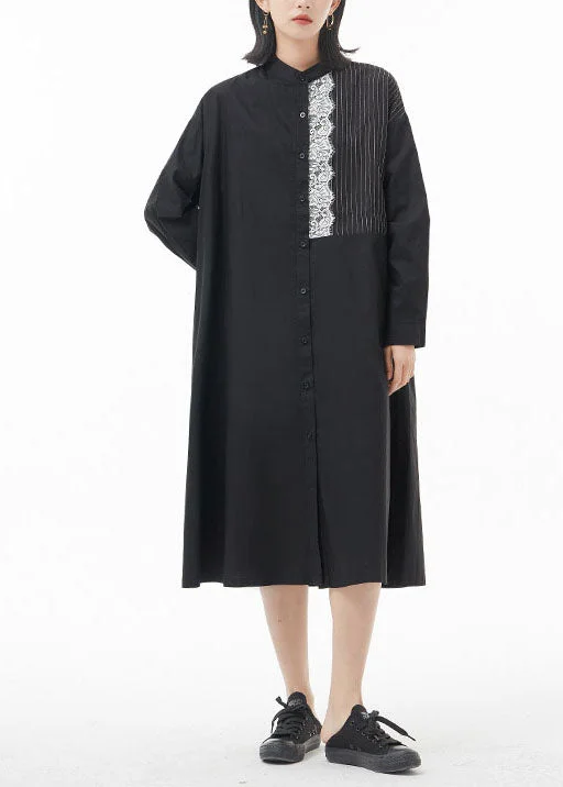 Casual Black Stand Collar Lace Patchwork shirt Dress Spring Light Shirt Dress
