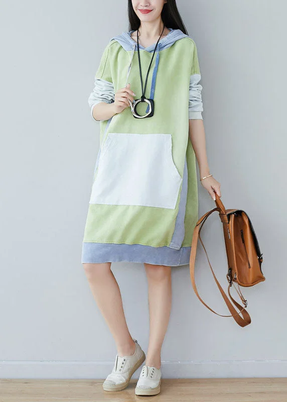 Style Green pockets Pullover Sweatshirt dresses Spring Midi Shirt Dress