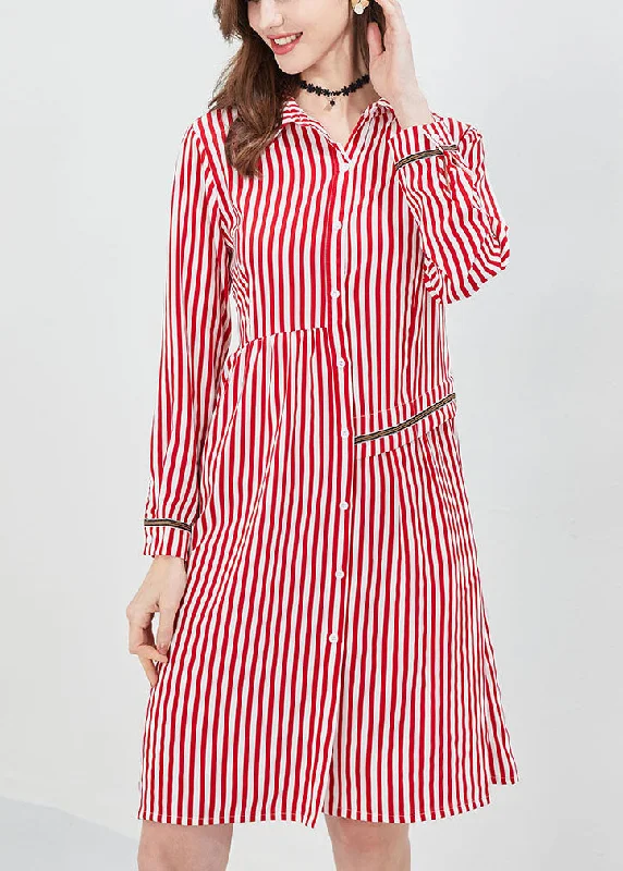 Bohemian Red Asymmetrical Striped Shirt dress Spring Flared Shirt Dress