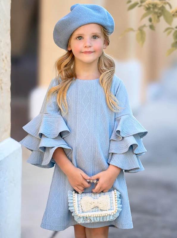 Blue Cable Knit Tiered Sleeve Sweater Dress Chic Knit Dress
