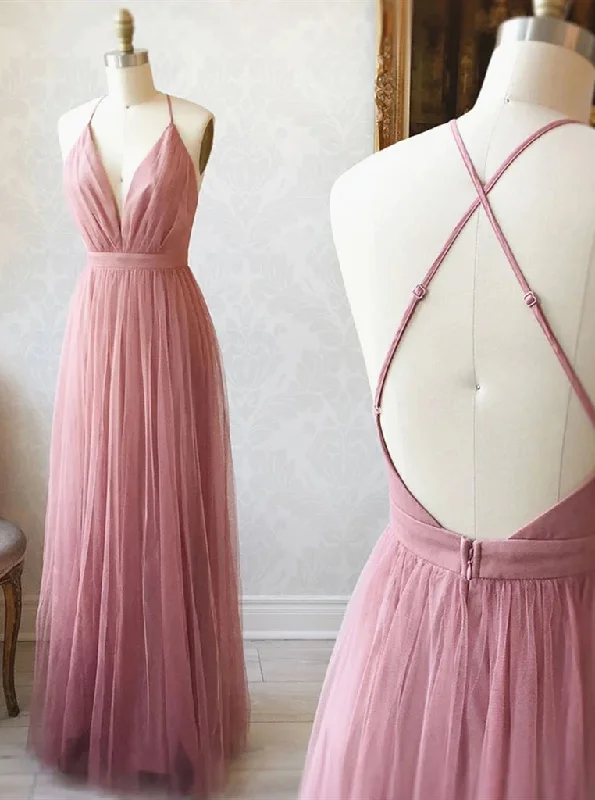 A Line V Neck Backless Bridesmaid Dresses, Simple Tulle Evening Dress Soft Tulle Gown A Line V Neck Backless Bridesmaid Dresses, Simple Tulle Evening Dress Soft Tulle Gown