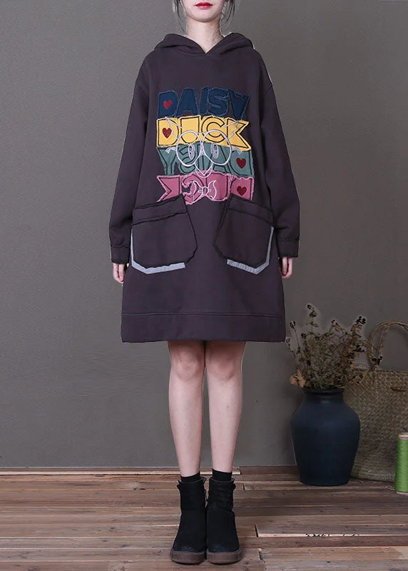 Boutique Purple Hooded Patchwork Warm Fleece Sweatshirt Winter Floral Shirt Dress