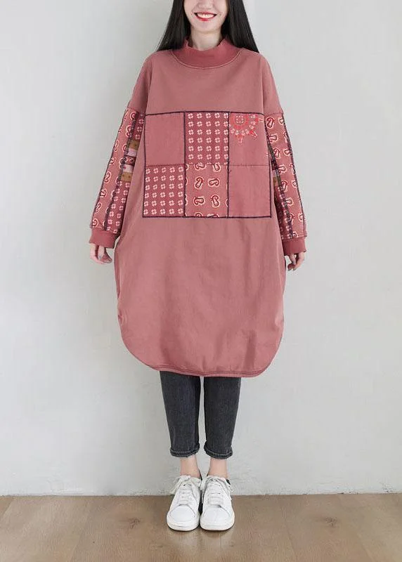New Pink Patchwork Side Open Fall Dress Sweatshirts Formal Shirt Gown