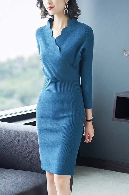 Scallop V Neck Sweater Dress Casual Winter Sweater