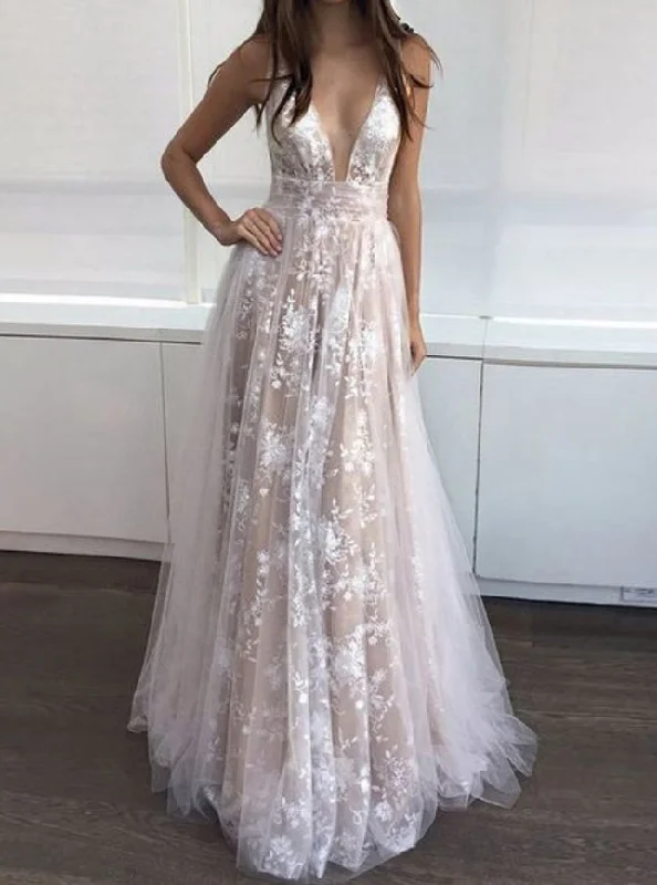 Sexy A-Line Deep V-Neck Backless Tulle Long Prom Dress OP472 Long Sleeve Tulle