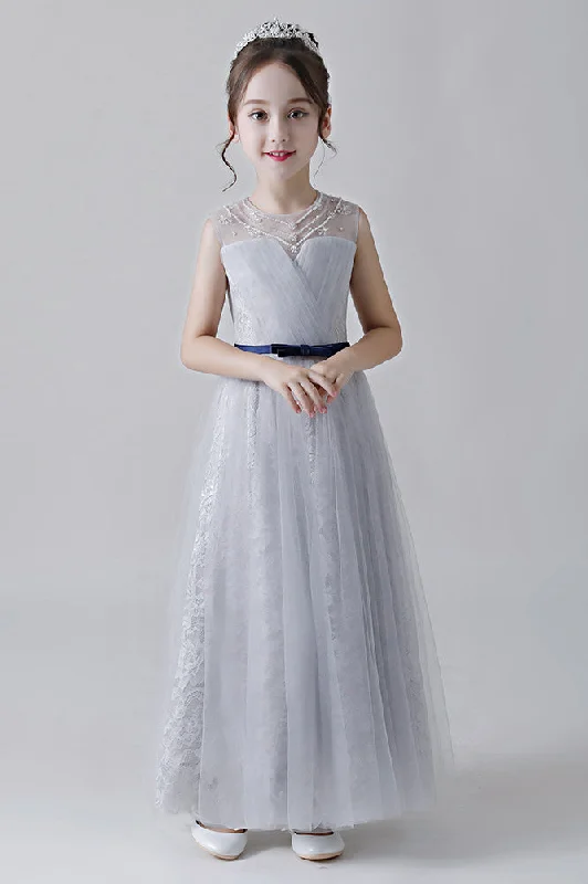A-Line Grey Sleeveless Tulle Flower Girl Dress With Beading Bohemian Tulle Dress