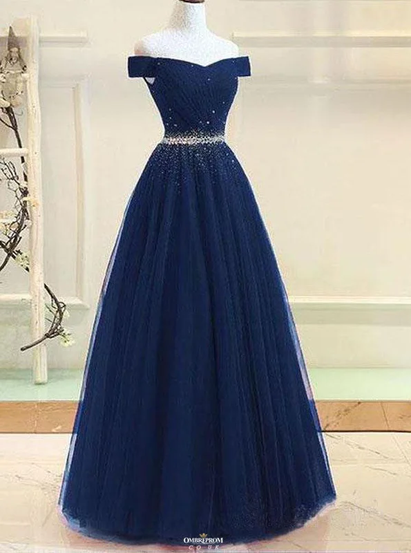Modest Navy Blue Off-Shoulder A-Line Tulle Prom Formal Dress With Beading OP531 Tulle Midi Dress Modest Navy Blue Off-Shoulder A-Line Tulle Prom Formal Dress With Beading OP531 Tulle Midi Dress