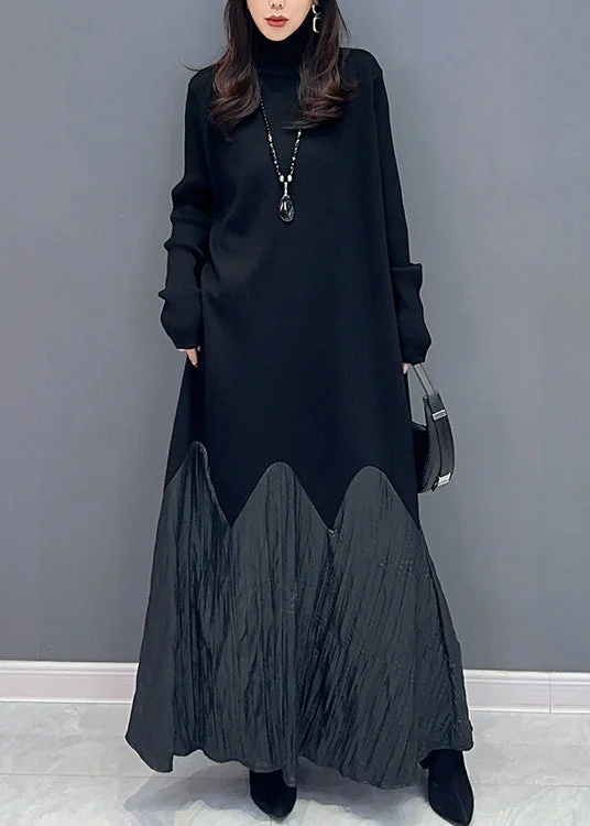 French Black Hign Neck Patchwork Knit Sweater Dress Fall Lace Sweater Dress