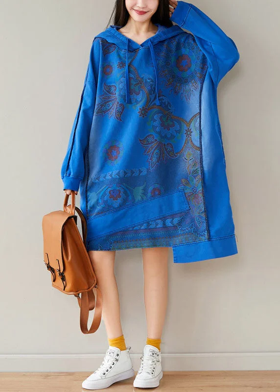 Blue Print Sweatshirts dresses drawstring Asymmetrical Spring Shirt Dress Trend