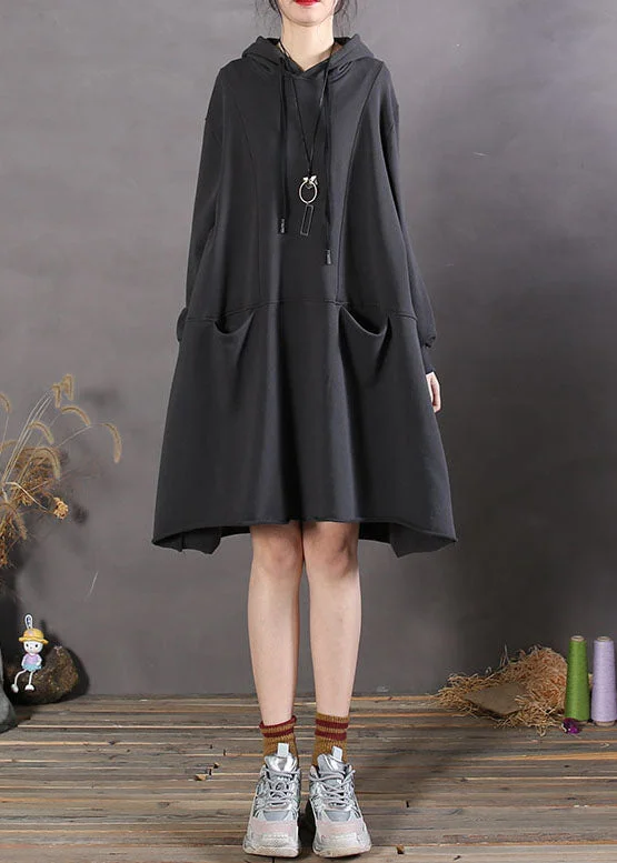 Women Black Hooded Patchwork Cotton Sweatshirts Spring dress Polka Dot Shirt