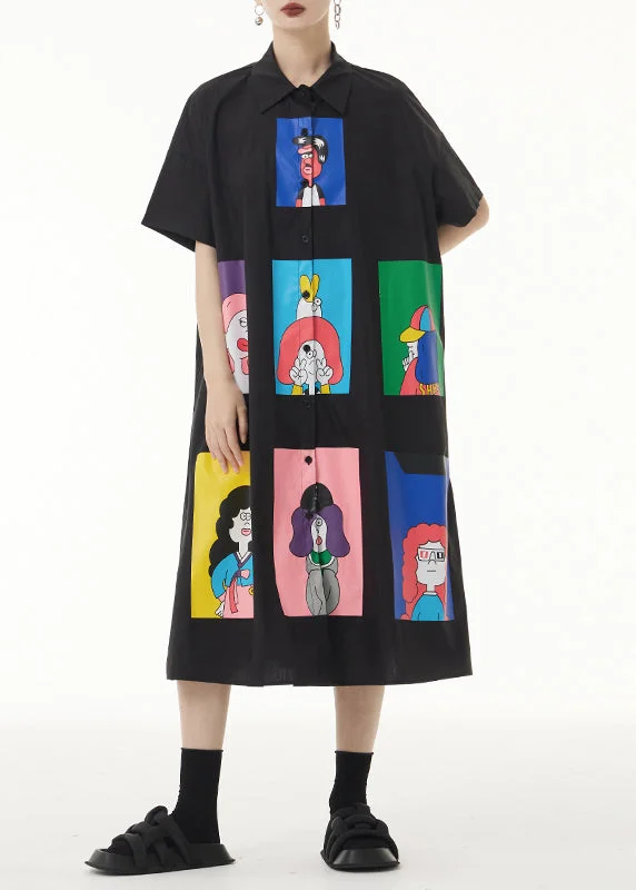 Loose Black Print Button Patchwork Cotton Shirts Long Dresses Summer Fashionable Shirt Dress Loose Black Print Button Patchwork Cotton Shirts Long Dresses Summer Fashionable Shirt Dress