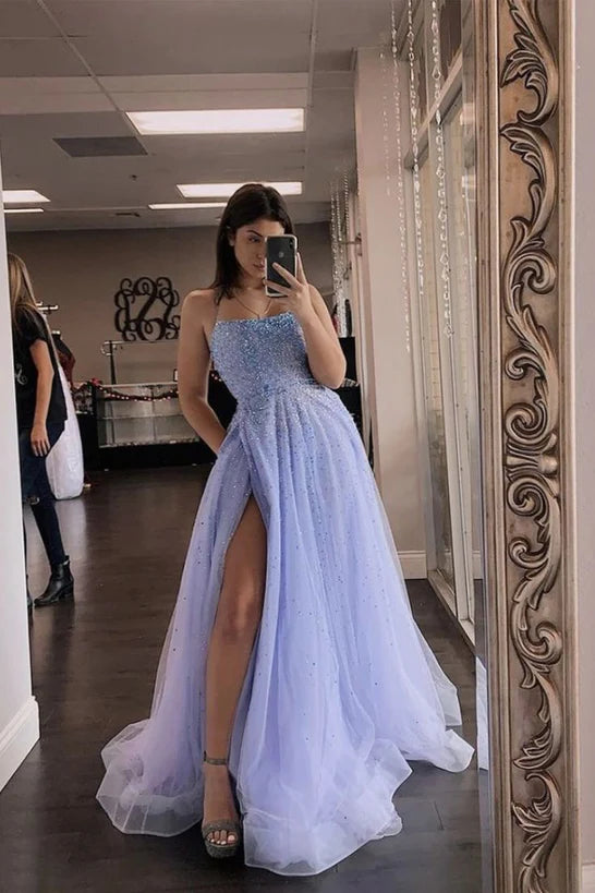A-Line Beaded Long Tulle Prom Dresses Formal Evening Dresses with Slit Ruffled Tulle Dress A-Line Beaded Long Tulle Prom Dresses Formal Evening Dresses with Slit Ruffled Tulle Dress
