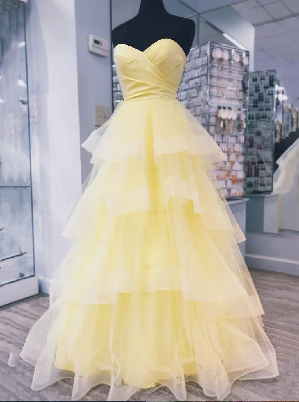 Yellow Sweetheart Tulle Long Prom Dress With Layered Dance Gown OP652 Tulle Dress Simple Yellow Sweetheart Tulle Long Prom Dress With Layered Dance Gown OP652 Tulle Dress Simple