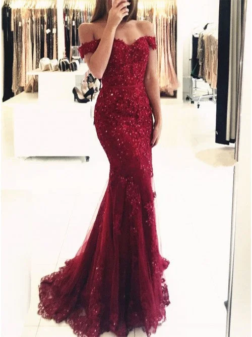 Mermaid Off-the-Shoulder Tulle Beaded Burgundy Prom Evening Dress OP402 Sequin Tulle Dress Mermaid Off-the-Shoulder Tulle Beaded Burgundy Prom Evening Dress OP402 Sequin Tulle Dress