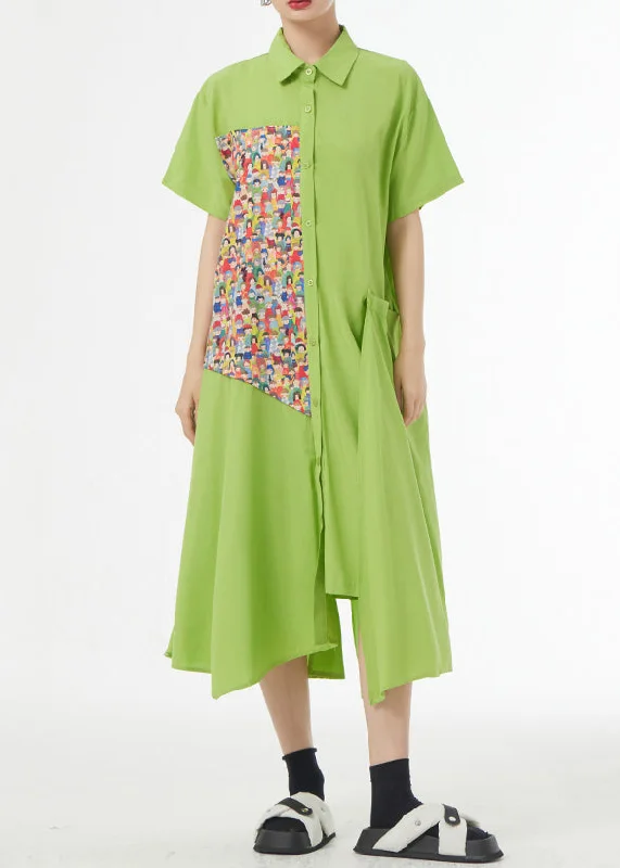 Chic Grass Green Asymmetrical Button Patchwork Silk Cotton Shirts Dress Summer Pleated Shirt Gown Chic Grass Green Asymmetrical Button Patchwork Silk Cotton Shirts Dress Summer Pleated Shirt Gown