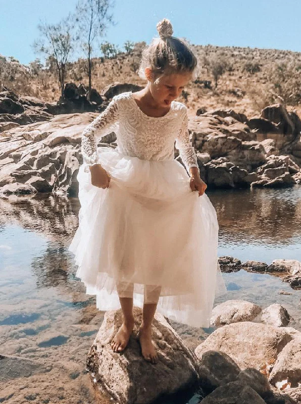 Lace Long Sleeves Tulle Long Flower Girl Dress With Open Back OF131 Tulle Dress Glam