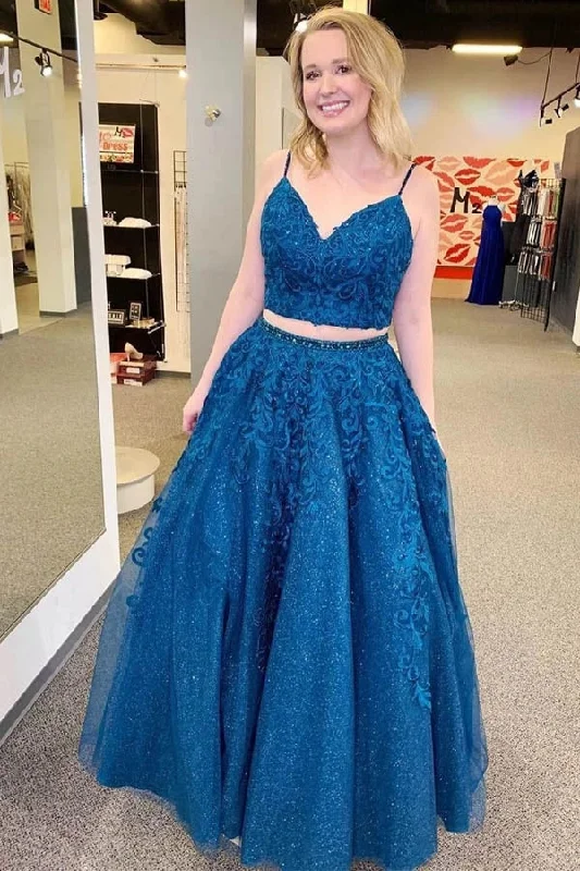 Royal Blue Sparkle Tulle Straps Appliques Two Piece Prom Dress PO435 Tulle Dress Puff Royal Blue Sparkle Tulle Straps Appliques Two Piece Prom Dress PO435 Tulle Dress Puff