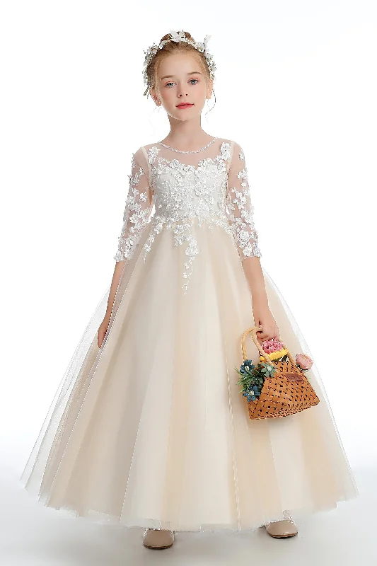 Half Sleeves Champagne Floor Length Tulle Flower Girl Dress With Lace Tulle Dress Layers Half Sleeves Champagne Floor Length Tulle Flower Girl Dress With Lace Tulle Dress Layers