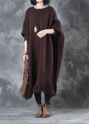 2024 Fall Tassel Sweater weather Vintage chocolate Fuzzy sweater dress Soft Knit Sweater