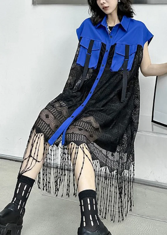 Style Royal Blue Peter Pan Collar Tasseled Patchwork Lace Shirts Dress Sleeveless Classic Button Shirt Style Royal Blue Peter Pan Collar Tasseled Patchwork Lace Shirts Dress Sleeveless Classic Button Shirt